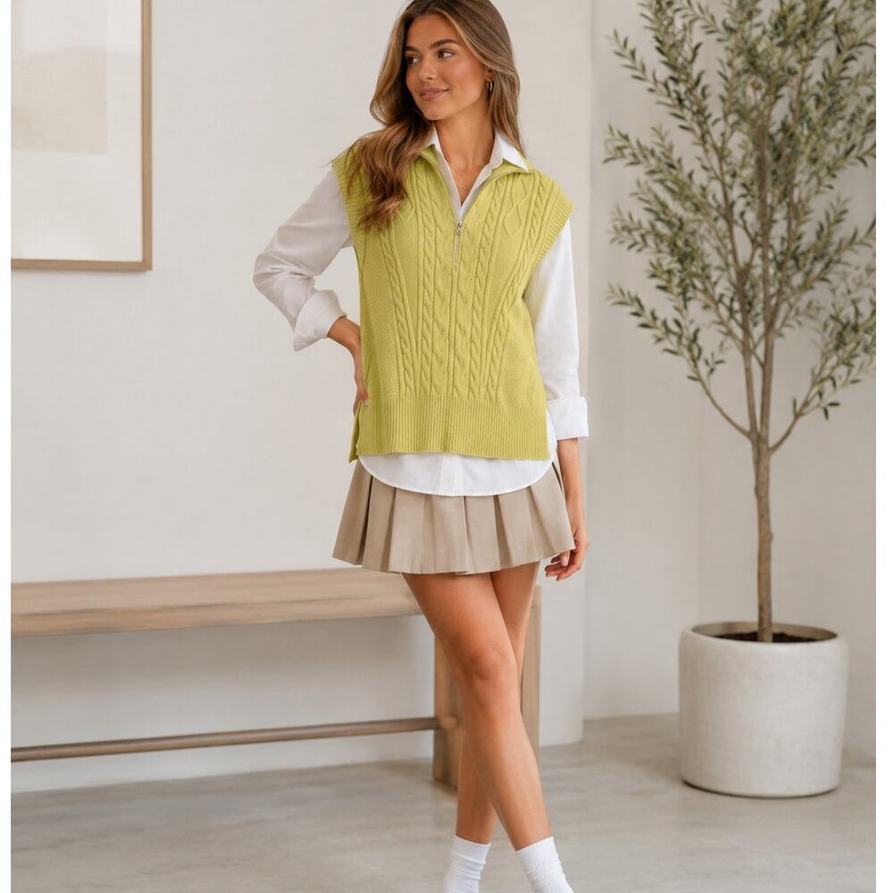 Free People Yellow Cable Knit Quarter Zip Sweater Vest Womens M Classic Preppy